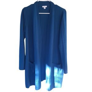 J Jill Cardigan Sweater Open Front Long Pockets Womens Sz MED Blue Cotton